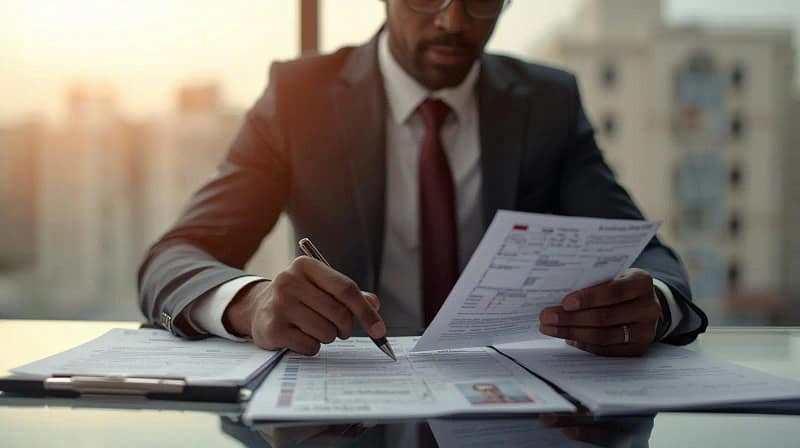 Kenyan landlord carefully screening tenant applications with ID, payslips, and forms on a desk — representing proven tenant screening techniques for Nairobi and Mombasa rentals.